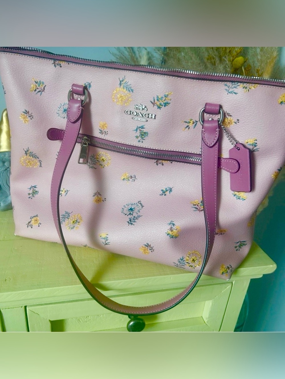 Coach Pink Floral Leather Tote Bag with Purple Handles